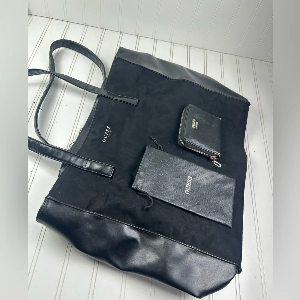 GUESS Y2K Black Suede Large Tote Bag Purse Bundle Wallet Sunglasses Case 3Pc - Picture 3 of 13